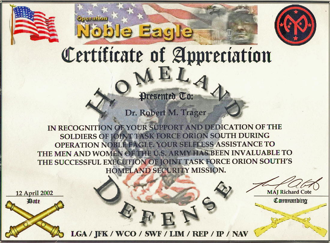 Dr. Robert M. Trager Homeland Defense Certificate